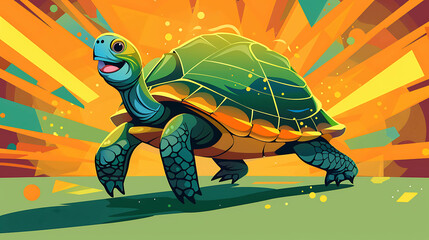 Sticker - A cartoon turtle with a green shell and blue head and legs walks on a green background with orange and yellow geometric shapes.