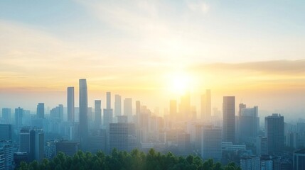 Two trees stand tall against a backdrop of a city skyline and a bright blue sky with fluffy white clouds.