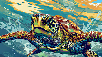 Poster - A close-up of a sea turtle swimming in the ocean.