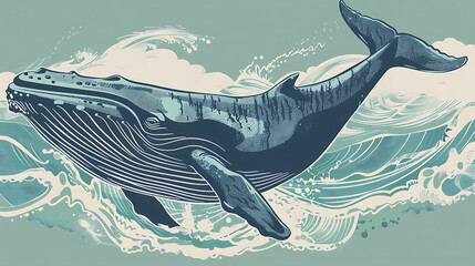 Wall Mural - A blue whale breaching the surface of the water, surrounded by stylized waves.