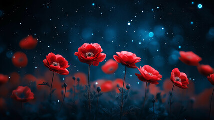 Poster - Flowers red poppy on the background of blue starry sky, night flower, shining lights