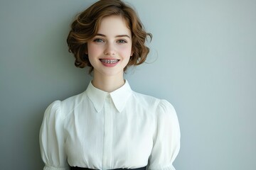 Wall Mural - Young Woman with Curly Brown Hair Smiling and Wearing Braces