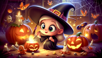 Wall Mural - Halloween time with a little cute witch cartoon