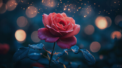 Wall Mural - Pink rose flower on a blue starry sky background, night flower