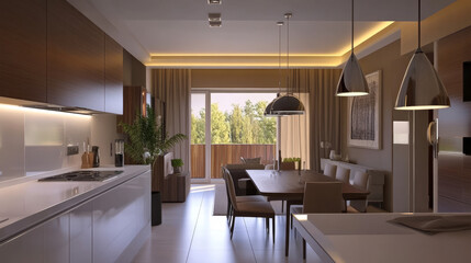 Wall Mural - White counters line the walls, offering a clean and bright atmosphere, accented by minimalist cabinetry.
