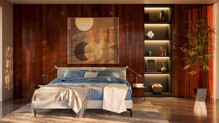 Wall Mural - Modern bright bed room interiors 3D rendering illustration computer generated image