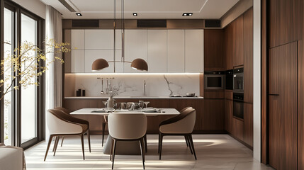 Wall Mural - White counters line the walls, offering a clean and bright atmosphere, accented by minimalist cabinetry.
