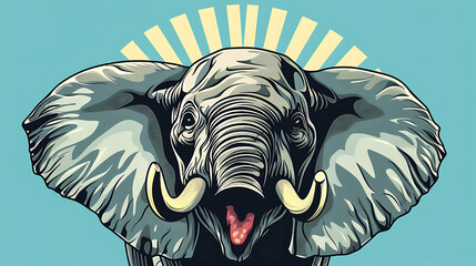 Wall Mural - Close-up illustration of an elephant's face with a retro sunburst in the background.