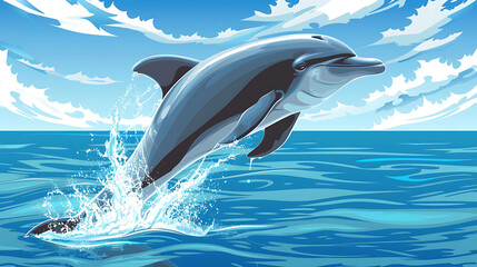 Wall Mural - A cartoon illustration of a dolphin leaping out of the water.