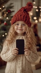 Wall Mural - A little girl holding a cell phone in front of a christmas tree