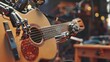 © Kostya - A guitar sitting on top of a table next to a microphone