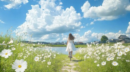 Poster - A woman in a white dress walking through a field of flowers