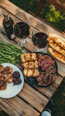 Poster - A wooden table topped with plates of food and glasses of wine