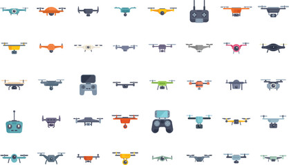 Poster - diverse collection of colorful drones hovering in various configurations, showcasing their advanced 