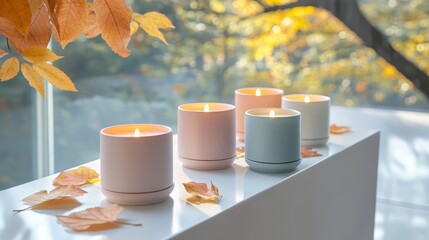 Poster - A collection of pastel candles is arranged on a sleek white table, accompanied by delicate autumn leaves, enhancing the tranquil and warm ambiance of the space.