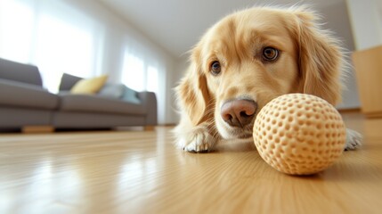 Poster - A dog playing with a ball on the floor of an apartment, AI