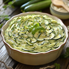 Zucchini pudding with layered slices and fresh basil on a rustic wooden table