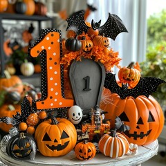 Wall Mural - Halloween Pumpkin and Bat Decoration with Number One