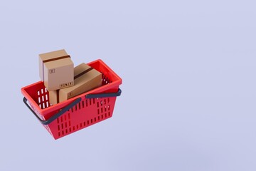 Poster - 3d Shopping cart basket with cardboard boxes inside cart icon isolated on purple background. Online Shopping, E-Commerce Concept. Minimal Empty Plastic shopping basket cart icon creative. 3d render.