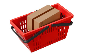 Poster - 3d Shopping cart basket with cardboard boxes inside cart icon isolated on purple background. Online Shopping, E-Commerce Concept. Minimal Empty Plastic shopping basket cart icon creative. 3d render.