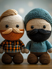 Highly detailed photo of two crotchet dolls with a white background, one doll has a bald head with a blonde beard and a flannel shirt, the other doll is white with short black hair with a short black 