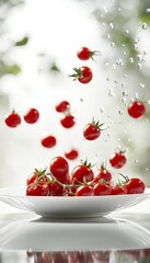 Wall Mural - Fresh, Juicy Red Tomatoes Suspended Mid-Air, Cascading onto a White Plate, Water Droplets Background