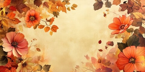 Elegant vintage wallpaper featuring vibrant autumn flowers and leaves in warm hues, perfect for creating a cozy atmosphere in any room during fall