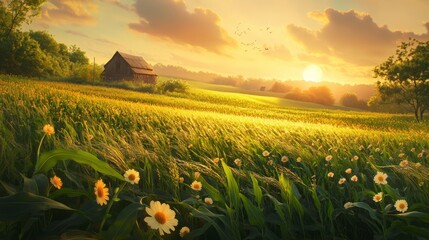 Wall Mural - Serene Sunrise Over Blooming Fields and Rustic Barn