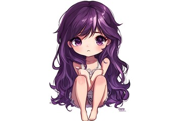 Sticker - Cute anime girl with long purple hair sitting with a sad expression. Kawaii character design for social media, avatar, or merch.