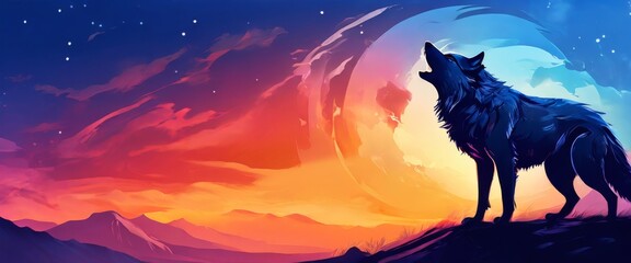 A majestic wolf stands howling on a hilltop as the vibrant colors of dusk merge into a starlit night sky. The ethereal moon and soft gradients of the horizon evoke a wild and mystical mood.