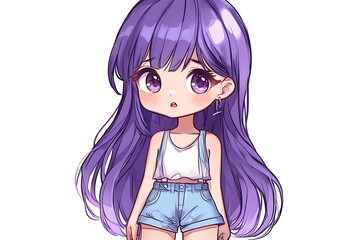 Poster - Cute Anime Girl with Long Purple Hair and Big Eyes in Casual Outfit