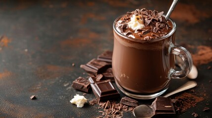 Drink with melted chocolate against a black backdrop. Warm drink.