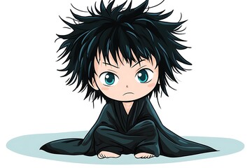 Wall Mural - Cute Anime Boy with Spiky Black Hair Sitting in Black Robe