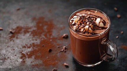 Drink with melted chocolate against a black backdrop. Warm drink.