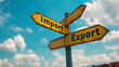 © Зайцева Ирина - Import and Export Directional Signpost Against Sky. Global trade, import-export decisions, and international commerce. Rustic design, vintage, industrial,logistics, trade policies, global economy.