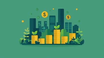 A vibrant cityscape with skyscrapers, coin stacks, and greenery, symbolizing financial growth and sustainability.