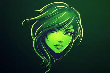 Canvas Print - Green glowing woman digital art with green hair and eyes on a dark background