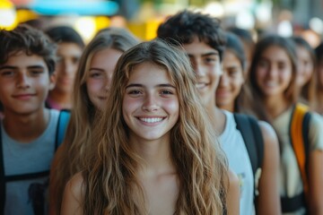 Wall Mural - Smiling Girl In A Crowd Of People