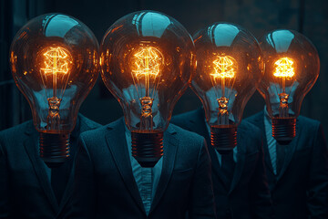 Poster - A team of executives trying to brainstorm ideas with giant lightbulbs hovering over their heads, none of which light up.