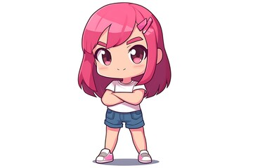 Poster - Cute chibi girl character with pink hair and white shirt on a white background