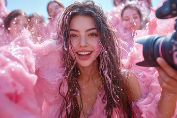 Wall Mural - A social media influencer taking selfies on a mountain of makeup, with a camera crew struggling to keep up as they dramatically change poses.