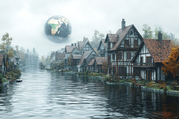 Poster - a small coastal village installing seawalls to combat rising sea levels, with a globe faintly reflec
