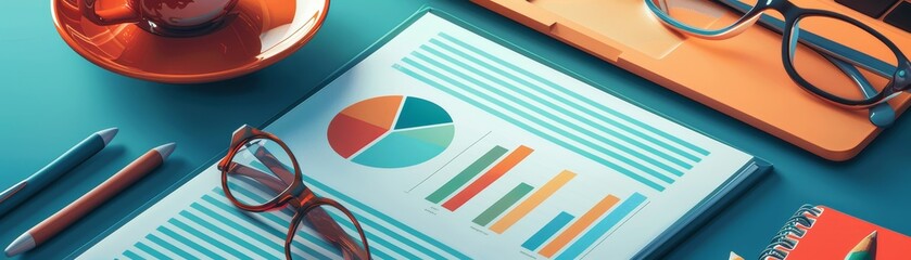 Canvas Print - A vibrant workspace with charts, graphs, and stationery, complemented by a coffee cup and glasses, ideal for productivity and data analysis.