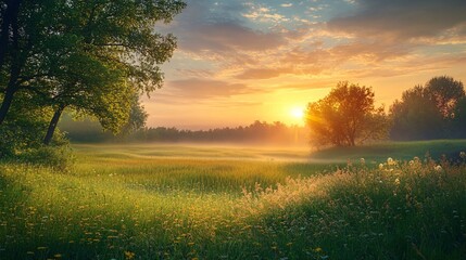 Wall Mural - Golden Hour Sunrise Over a Foggy Meadow