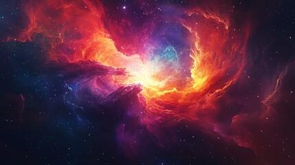 Wall Mural - A vibrant and colorful nebula in space, with red, orange, and blue hues swirling and colliding.