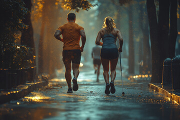 Poster - A healthy, athletic person runs on a treadmill while an overweight person struggles to walk with a cane.