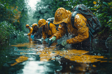 Wall Mural - A group of volunteers cleaning up a local river, with a reflection of the world map in the water, emphasizing global water conservation through local efforts.