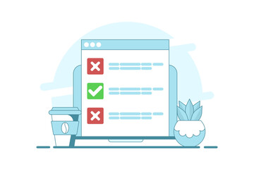 Poster - Computer concept with checklist. computer with check mark and cross. Online testing. Checklist and Check Mark on Screen. Check Mark and Options in Browser Window, Flat vector illustration.