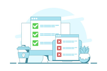 Poster - Computer concept with checklist. computer with check mark and cross. Online testing. Checklist and Check Mark on Screen. Check Mark and Options in Browser Window, Flat vector illustration.