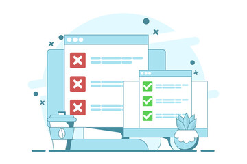 Poster - Computer concept with checklist. computer with check mark and cross. Online testing. Checklist and Check Mark on Screen. Check Mark and Options in Browser Window, Flat vector illustration.
